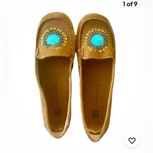 Ellemenno Women’s Suede Leather Sequin Moccasins 8.5 Butterscotch/Tan NWOB